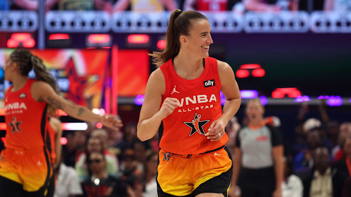 Jul 19, 2025; Indianapolis, IN, USA; Team Clark guard Sabrina Ionescu (20) reacts in the first quarter against Team Collier during the 2025 WNBA All Star Game at Gainbridge Fieldhouse. Mandatory Credit: Trevor Ruszkowski-Imagn Images