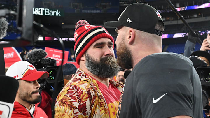 Jan 28, 2024: Kansas City Chiefs tight end Travis Kelce celebrates with Jason Kelce after the Kansas City Chiefs won the AFC Championship Game.