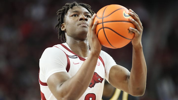 Feb 22, 2025; Fayetteville, Arkansas, USA; Arkansas Razorbacks forward Adou Thiero (3) shoots a free-throw during the second half against the Missouri Tigers at Bud Walton Arena. Mandatory Credit: Nelson Chenault-Imagn Images