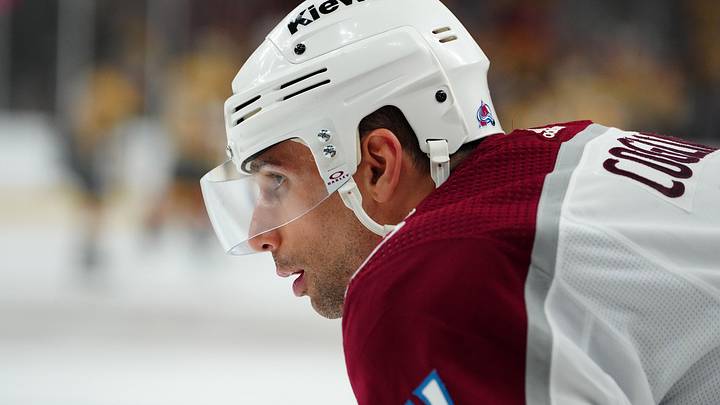 Apr 14, 2024; Las Vegas, Nevada, USA; Colorado Avalanche center Andrew Cogliano (11) warms up before the start of a game against the Vegas Golden Knights at T-Mobile Arena. Mandatory Credit: Stephen R. Sylvanie-Imagn Images