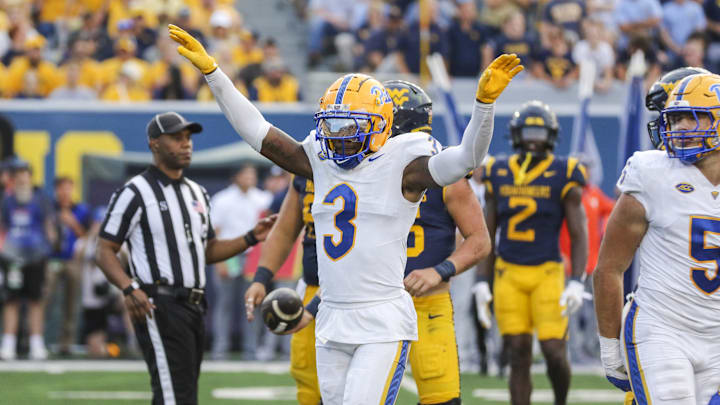 Sep 13, 2025; Morgantown, West Virginia, USA; Pittsburgh Panthers linebacker Rasheem Biles (3) celebrates a defensive stop during the third quarter against the West Virginia Mountaineers at Milan Puskar Stadium. Mandatory Credit: Ben Queen-Imagn Images