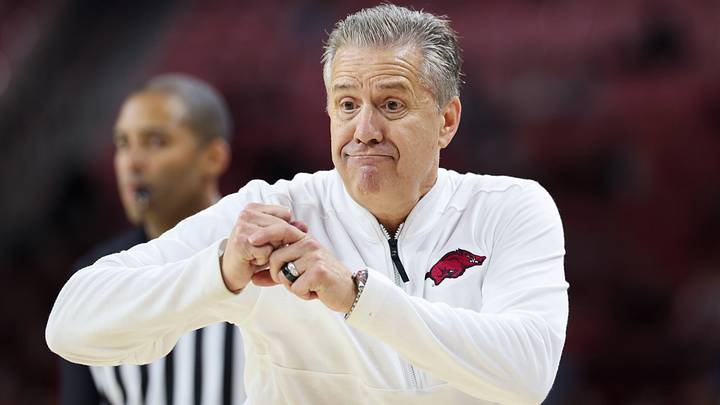 Arkansas Razorbacks head coach John Calipari reacts to a play during the second half against the Memphis Tigers at Bud Walton Arena. Arkansas Razorbacks head coach John Calipari reacts to a play during the second half against the Memphis Tigers at Bud Walton Arena.