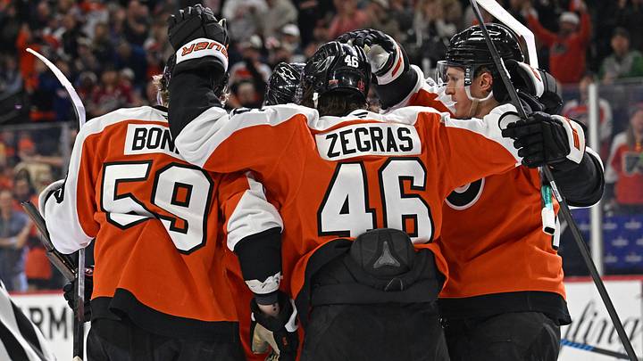 Oct 19, 2026; Philadelphia, Pennsylvania, USA; Philadelphia Flyers celebrate goal by center Noel Acciari (52) (not pictured) against the Colorado Avalanche during the third period at Xfinity Mobile Arena. 