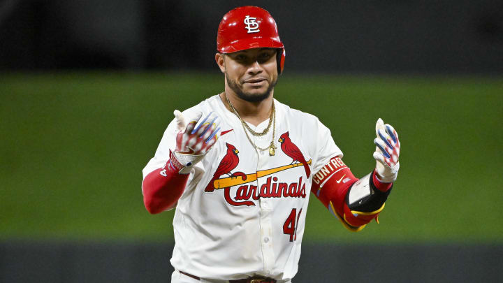 May 3, 2024; St. Louis, Missouri, USA;  St. Louis Cardinals catcher Willson Contreras (40) reacts after hitting a single against the Chicago White Sox during the seventh inning at Busch Stadium. 