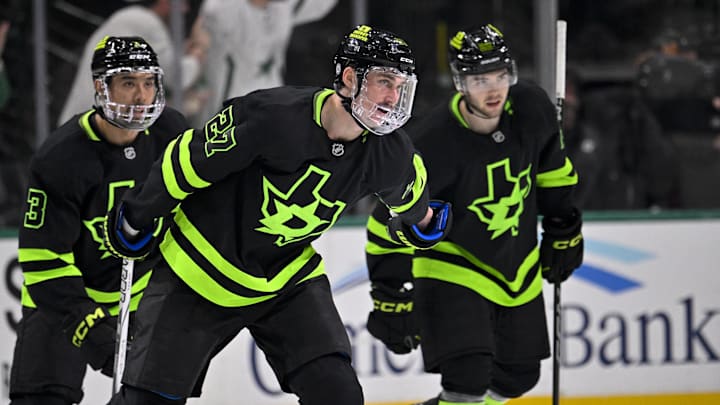 Feb 2, 2025; Dallas, Texas, USA; Dallas Stars left wing Mason Marchment (27) and center Mavrik Bourque (22) and defenseman Matt Dumba (3) celebrate a goal during the game between the Dallas Stars and the Columbus Blue Jackets at American Airlines Center. Mandatory Credit: Jerome Miron-Imagn Images