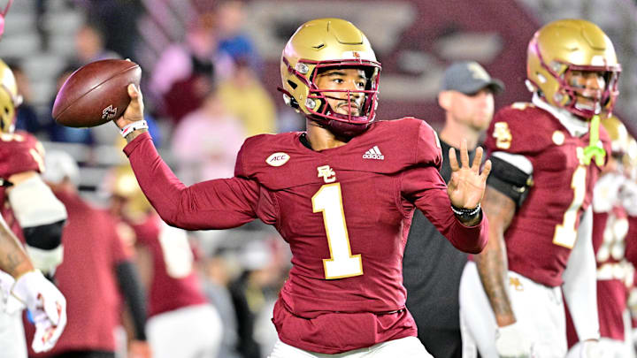 Oct 25, 2024; Chestnut Hill, Massachusetts, USA; Boston College Eagles quarterback Thomas Castellanos (1) warms up before a game against the Louisville Cardinals at Alumni Stadium. Mandatory Credit: Eric Canha-Imagn Images