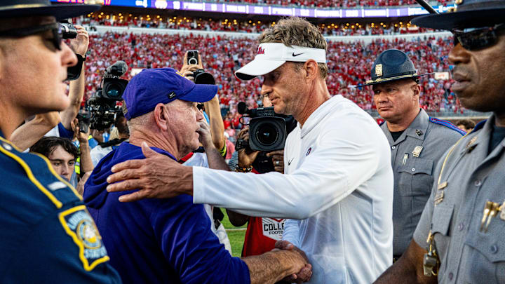 LSU head coach Brian Kelly and Ole Miss head coach Lane Kiffin shake hands after a college football game between Ole Miss and LSU at Vaught-Hemingway Stadium in Oxford, Miss., on Saturday, Sept. 27, 2025. Ole Miss defeated LSU 24-19.