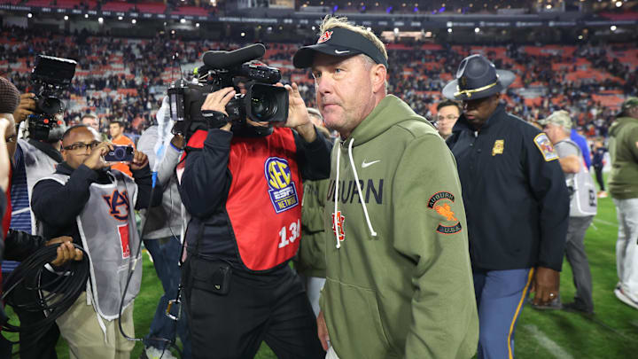 Nov 1, 2025; Auburn, Alabama, USA;  Auburn Tigers head coach Hugh Freeze walks off the field after the Tigers lost to Kentucky Wildcats at Jordan-Hare Stadium. Mandatory Credit: John Reed-Imagn Images
