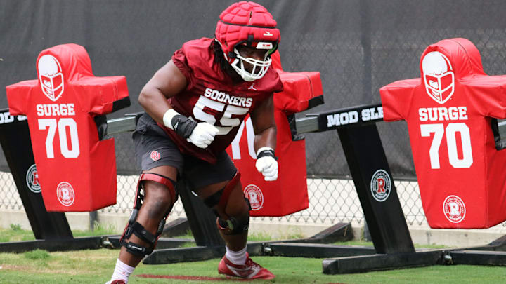 Oklahoma offensive lineman Eddy Pierre-Louis works during fall camp. Oklahoma offensive lineman Eddy Pierre-Louis works during fall camp.