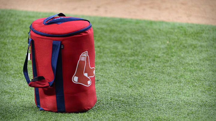 Apr 29, 2021; Arlington, Texas, USA; A view of the Boston Red Sox logo and a field bag during batting practice before the game between the Texas Rangers and the Boston Red Sox at Globe Life Field. Mandatory Credit: Jerome Miron-Imagn Images