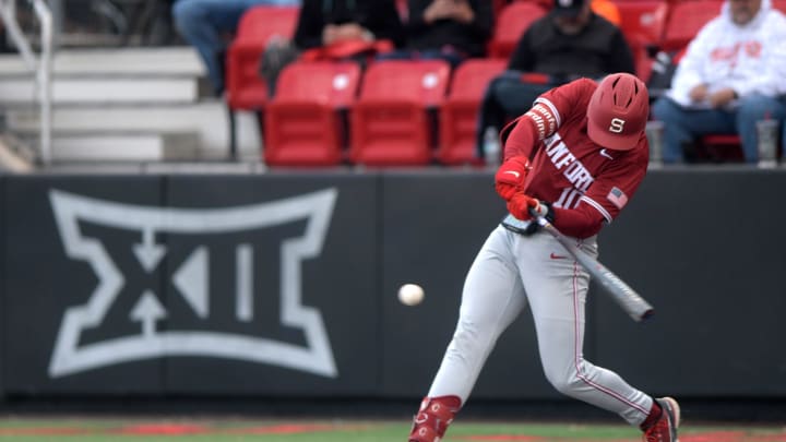 Stanford's catcher Malcolm Moore (10) prepares to hit the ball against Texas Tech in game one of their non-conference baseball series, Monday, April 1, 2024, at Rip Griffin Park. Stanford's catcher Malcolm Moore (10) prepares to hit the ball against Texas Tech in game one of their non-conference baseball series, Monday, April 1, 2024, at Rip Griffin Park.