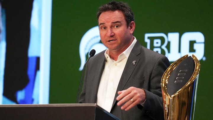 Jul 24, 2025; Las Vegas, NV, USA; Michigan State head coach Jonathan Smith speaks to the media during the Big Ten NCAA college football media days at Mandalay Bay Resort. Mandatory Credit: Lucas Peltier-Imagn Images