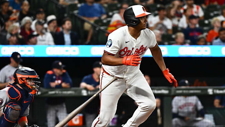 Aug 21, 2025; Baltimore, Maryland, USA;  Baltimore Orioles catcher Samuel Basallo (29) singles during the sixth inning against the Houston Astros at Oriole Park at Camden Yards. Mandatory Credit: James A. Pittman-Imagn Images