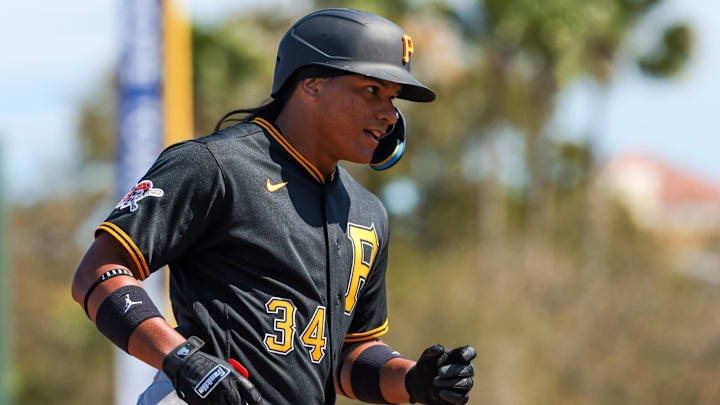 Mar 1, 2026; Jupiter, Florida, USA; Pittsburgh Pirates left fielder Jhostynxon Garcia (34) rounds the bases after hitting a home run against the St. Louis Cardinals during the fourth inning at Roger Dean Chevrolet Stadium. Mandatory Credit: Sam Navarro-Imagn Images