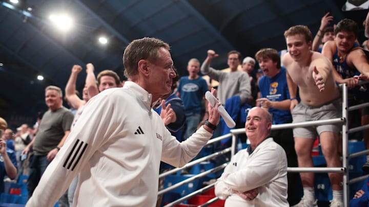 Kansas Jayhawks head coach Bill Self walks off the court after defeating Arizona Wildcats 82-78 in the game inside Allen Fieldhouse on Feb. 9, 2026.