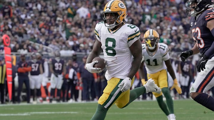 Green Bay Packers running back Josh Jacobs (8) scores a touchdown on seven yard run during the third quarter of their game Sunday, November 17, 2024 at Solider Field in Chicago, Illinois. The Green Bay Packers beat the Chicago Bears 20-19. Green Bay Packers running back Josh Jacobs (8) scores a touchdown on seven yard run during the third quarter of their game Sunday, November 17, 2024 at Solider Field in Chicago, Illinois. The Green Bay Packers beat the Chicago Bears 20-19.