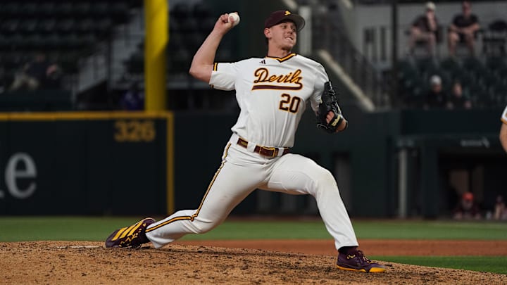 Feb 28, 2026; Arlington, TX, USA; Derek Schaefer pitches against the Tennessee Volunteers during the Amegy Bank College Baseball Series at Globe Life Field. 