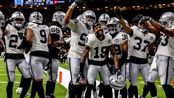 Las Vegas Raiders CB Jack Jones reacts to intercepting a play from New Orleans Saints quarterback Spencer Rattler. Las Vegas Raiders CB Jack Jones reacts to intercepting a play from New Orleans Saints quarterback Spencer Rattler.