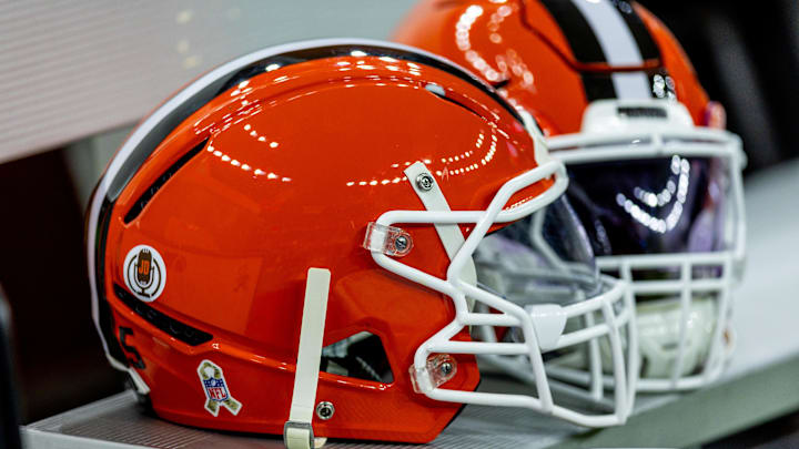 Nov 17, 2024; New Orleans, Louisiana, USA; Detailed view of the Cleveland Browns helmets on a time out against the New Orleans Saints during the first half at Caesars Superdome. Mandatory Credit: Stephen Lew-Imagn Images Nov 17, 2024; New Orleans, Louisiana, USA; Detailed view of the Cleveland Browns helmets on a time out against the New Orleans Saints during the first half at Caesars Superdome. Mandatory Credit: Stephen Lew-Imagn Images