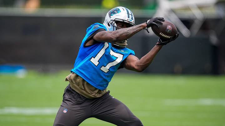 Carolina Panthers wide receiver Xavier Legette (17) reaches for the catch during the first day Carolina Panthers wide receiver Xavier Legette (17) reaches for the catch during the first day