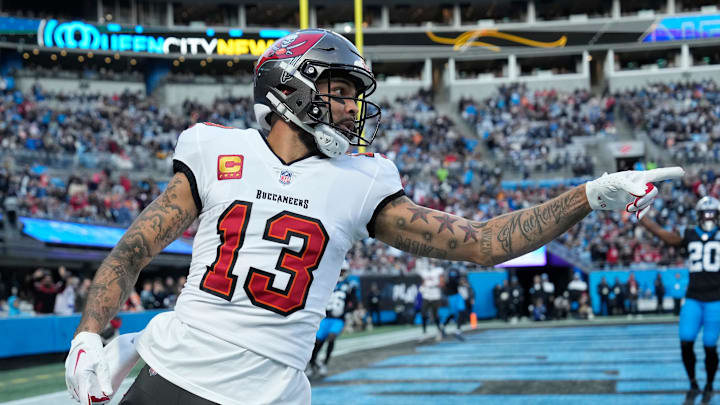Dec 1, 2024; Charlotte, North Carolina, USA;  Tampa Bay Buccaneers wide receiver Mike Evans (13) reacts in the first quarter at Bank of America Stadium. Mandatory Credit: Bob Donnan-Imagn Images