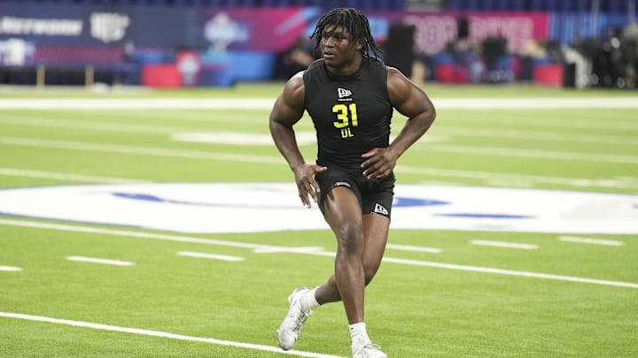 Feb 26, 2026; Indianapolis, IN, USA; Texas Tech defensive lineman David Bailey (DL31) during the NFL Scouting Combine  at Lucas Oil Stadium. Mandatory Credit: Kirby Lee-Imagn Images