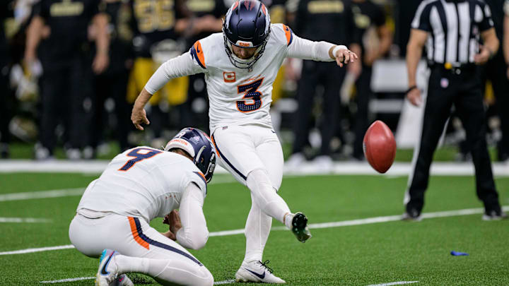 Oct 17, 2024; New Orleans, Louisiana, USA; Denver Broncos place kicker Wil Lutz (3) makes a field goal during the second quarter against the New Orleans Saints at Caesars Superdome. Mandatory Credit: Matthew Hinton-Imagn Images