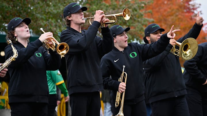 Oct 11, 2025; Eugene, Oregon, USA; Oregon marching band performs during player arrivals before the game between the Indiana Hoosiers and the Oregon Ducks at Autzen Stadium. Mandatory Credit: Troy Wayrynen-Imagn Images Oct 11, 2025; Eugene, Oregon, USA; Oregon marching band performs during player arrivals before the game between the Indiana Hoosiers and the Oregon Ducks at Autzen Stadium. Mandatory Credit: Troy Wayrynen-Imagn Images