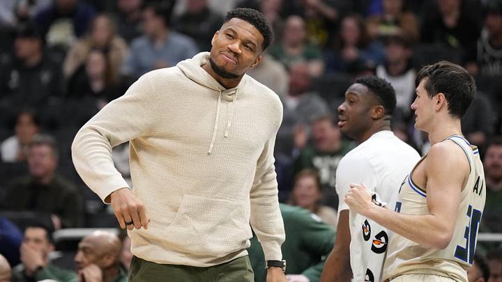 Apr 10, 2026; Milwaukee, Wisconsin, USA; Milwaukee Bucks forward Giannis Antetokounmpo reacts following a play during the second quarter against the Brooklyn Nets at Fiserv Forum. Mandatory Credit: Jeff Hanisch-Imagn Images Apr 10, 2026; Milwaukee, Wisconsin, USA; Milwaukee Bucks forward Giannis Antetokounmpo reacts following a play during the second quarter against the Brooklyn Nets at Fiserv Forum. Mandatory Credit: Jeff Hanisch-Imagn Images
