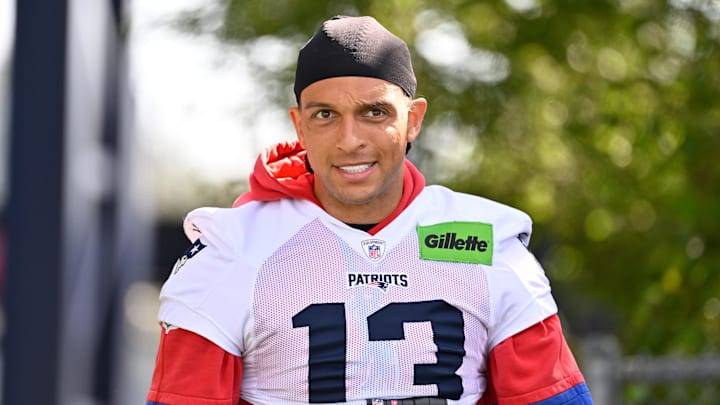 Jul 23, 2025; Foxborough, MA, USA; New England Patriots wide receiver Mack Hollins (13) heads to the practice field for day one of training camp at Gillette Stadium. Mandatory Credit: Eric Canha-Imagn Images Jul 23, 2025; Foxborough, MA, USA; New England Patriots wide receiver Mack Hollins (13) heads to the practice field for day one of training camp at Gillette Stadium. Mandatory Credit: Eric Canha-Imagn Images