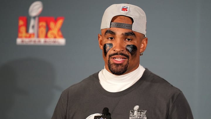 Feb 9, 2025; New Orleans, LA, USA; Philadelphia Eagles quarterback Jalen Hurts (1) speaks to the media after defeating the Kansas City Chiefs in Super Bowl LIX at Caesars Superdome. Mandatory Credit: Kirby Lee-Imagn Images