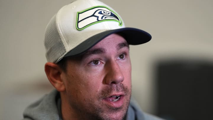 Feb 5, 2026; San Jose, CA, USA; Seattle Seahawks offensive coordinator Klint Kubiak talks to media members at the San Jose Marriott. Mandatory Credit: Darren Yamashita-Imagn Images