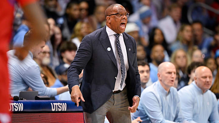 Jan 3, 2026; Dallas, Texas, USA; North Carolina Tar Heels head coach Hubert Davis yells to his team during the first half against the SMU Mustangs at Moody Coliseum. Mandatory Credit: Jerome Miron-Imagn Images