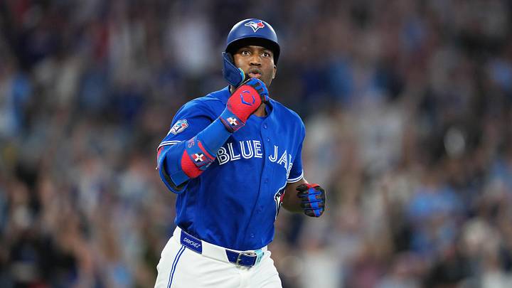 May 26, 2026; Toronto, Ontario, CAN; Toronto Blue Jays right fielder Jesus Sanchez (12) reacts after hitting a grand slam home run against the Miami Marlins during the sixth inning at the Rogers Centre. Mandatory Credit: Nick Turchiaro-Imagn Images