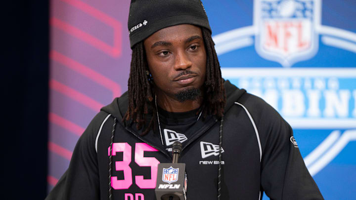 Feb 26, 2026; Indianapolis, IN, USA; Southern California defensive back Bishop Fitzgerald (DB35) speaks to members of the media during the NFL Combine at the Indiana Convention Center. Mandatory Credit: Jacob Musselman-Imagn Images