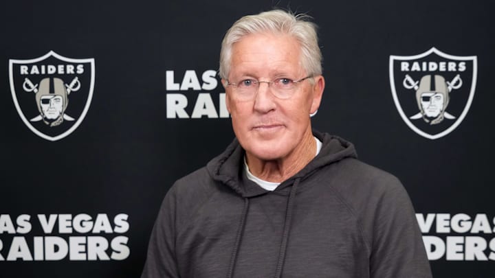 Feb 25, 2025; Indianapolis, IN, USA; Las Vegas Raiders coach Pete Carroll on radio row during the NFL Scouting Combine at the Indiana Convention Center. Mandatory Credit: Kirby Lee-Imagn Images