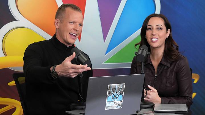 Feb 26, 2025; Indianapolis, IN, USA; NBC Sports analyst Chrs Simms (left) and reporter Nicole Auerbach during the 2025 NFL Scouting Combine at the Indiana Convention Center. Mandatory Credit: Kirby Lee-Imagn Images Feb 26, 2025; Indianapolis, IN, USA; NBC Sports analyst Chrs Simms (left) and reporter Nicole Auerbach during the 2025 NFL Scouting Combine at the Indiana Convention Center. Mandatory Credit: Kirby Lee-Imagn Images
