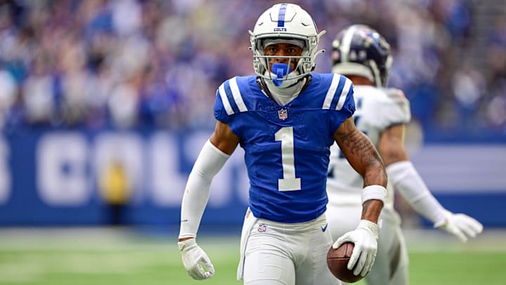 Oct 8, 2023; Indianapolis, Indiana, USA; Indianapolis Colts wide receiver Josh Downs (1) reacts
