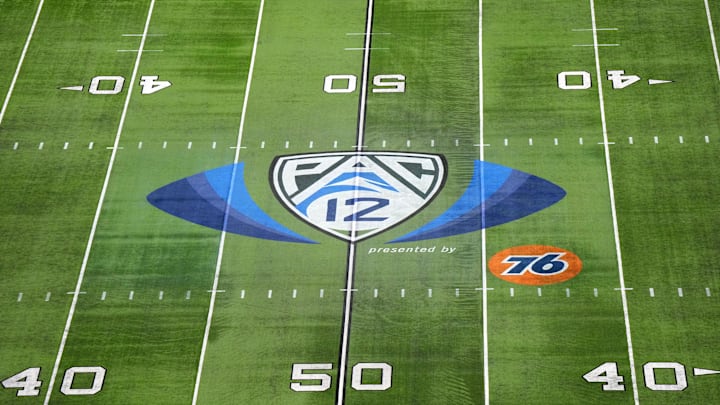 Dec 1, 2023; Las Vegas, NV, USA; The Pac-12 Conference logo at midfield at Allegiant Stadium. Mandatory Credit: Kirby Lee-Imagn Images