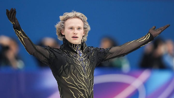 Ilia Malinin of the United States of America reacts after performing in the men’s free skate during the Milano Cortina 2026 Olympic Winter Games at Milano Ice Skating Arena.