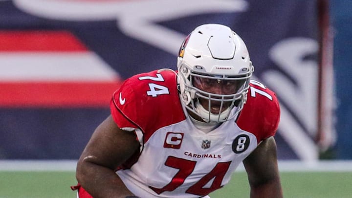 Nov 29, 2020; Foxborough, Massachusetts, USA; Arizona Cardinals offensive lineman DJ Humphries (74) against the New England Patriots at Gillette Stadium. Mandatory Credit: Paul Rutherford-Imagn Images