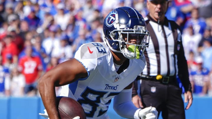 Oct 20, 2024; Orchard Park, New York, USA; Tennessee Titans wide receiver Tyler Boyd (83) runs with the ball after making a catch against the Buffalo Bills during the first half at Highmark Stadium. Mandatory Credit: Gregory Fisher-Imagn Images