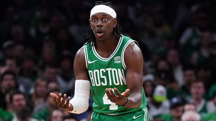 Apr 24, 2024; Boston, Massachusetts, USA; Boston Celtics guard Jrue Holiday (4) reacts after a foul call as they take on the Miami Heat in the second quarter during game two of the first round for the 2024 NBA playoffs at TD Garden. Mandatory Credit: David Butler II-Imagn Images
