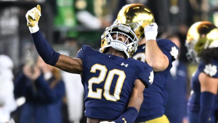 Oct 14, 2023; South Bend, Indiana, USA; Notre Dame Fighting Irish cornerback Benjamin Morrison (20) celebrates after an interception in the second quarter against the USC Trojans at Notre Dame Stadium. Oct 14, 2023; South Bend, Indiana, USA; Notre Dame Fighting Irish cornerback Benjamin Morrison (20) celebrates after an interception in the second quarter against the USC Trojans at Notre Dame Stadium.