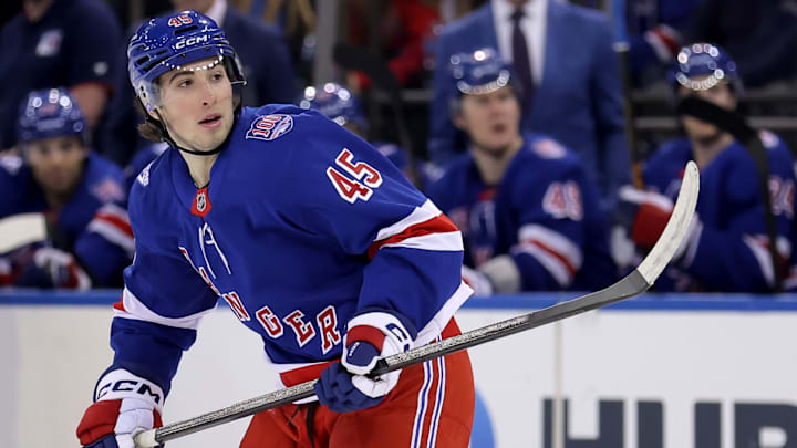 Mar 27, 2026; New York, New York, USA; New York Rangers defenseman Drew Fortescue (45) skates against the Chicago Blackhawks during the second period at Madison Square Garden. Mandatory Credit: Brad Penner-Imagn Images