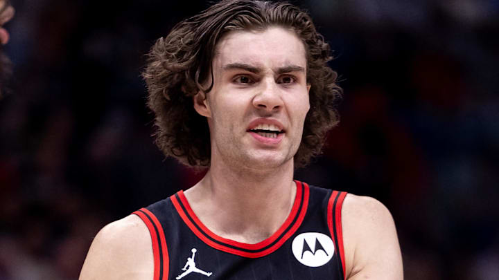 Oct 23, 2024; New Orleans, Louisiana, USA;  Chicago Bulls guard Josh Giddey (3) reacts to a play against the New Orleans Pelicans during the first half at Smoothie King Center. Mandatory Credit: Stephen Lew-Imagn Images