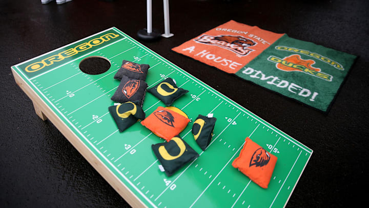 Oregon and Oregon State fans tailgate together before the start of the Oregon vs. Oregon State Civil war football game at Oregon State University in Corvallis on Friday, Nov. 23, 2018.

Civilwar Tailgating Ar 14