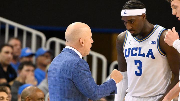 Feb 21, 2026; Los Angeles, California, USA; UCLA Bruins head coach Mick Cronin with guard Eric Dailey Jr. (3) and UCLA forward Tyler Bilodeau (34) during the second half at Pauley Pavilion presented by Wescom Financial. Mandatory Credit: Robert Hanashiro-Imagn Images Feb 21, 2026; Los Angeles, California, USA; UCLA Bruins head coach Mick Cronin with guard Eric Dailey Jr. (3) and UCLA forward Tyler Bilodeau (34) during the second half at Pauley Pavilion presented by Wescom Financial. Mandatory Credit: Robert Hanashiro-Imagn Images