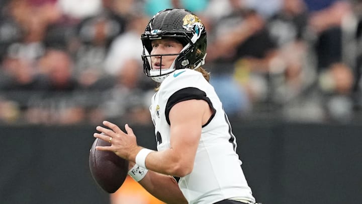 Nov 2, 2025; Paradise, Nevada, USA; Jacksonville Jaguars quarterback Trevor Lawrence (16) drops back to make a pass during the first half against the Las Vegas Raiders at Allegiant Stadium. Mandatory Credit: Kirby Lee-Imagn Images