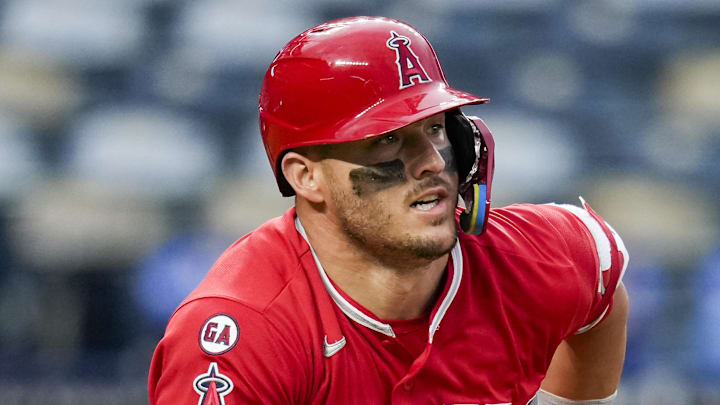 Apr 26, 2026; Kansas City, Missouri, USA; Los Angeles Angels right fielder Mike Trout (27) runs toward first base during the fourth inning against the Kansas City Royals at Kauffman Stadium. Mandatory Credit: Jay Biggerstaff-Imagn Images